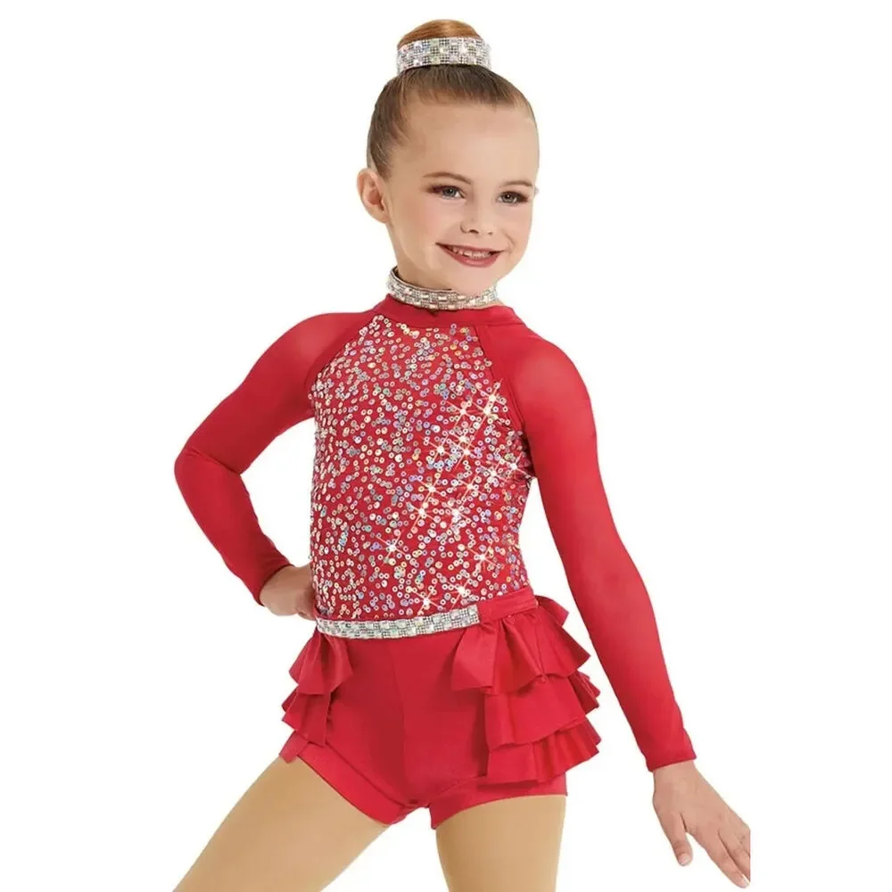 Pre-Owned Dance Costume Weissman 12055 Small Child Red Ruffles Jazz Tap Sequins